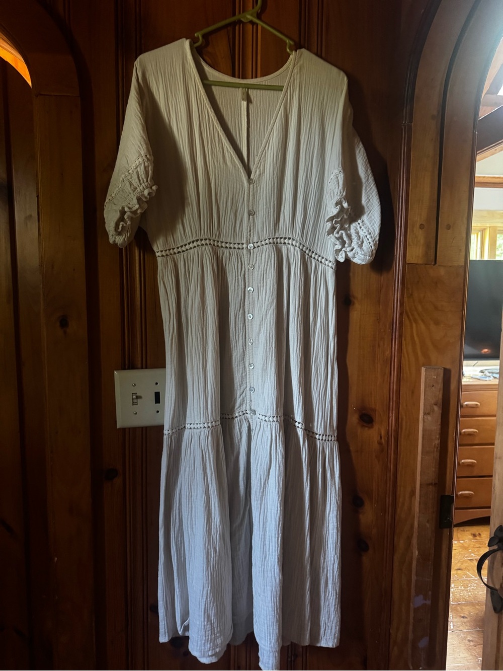 Boho Cream Button-Front Maxi Dress with Crochet Trim